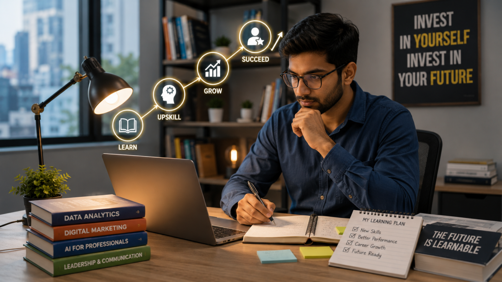 Working professionals developing digital and career skills through continuous learning.