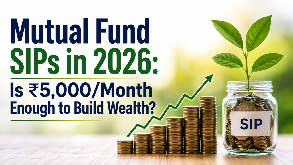 Mutual Fund SIPs in 2026 with ₹5,000 monthly investment, growing coin stacks, and wealth-building concept