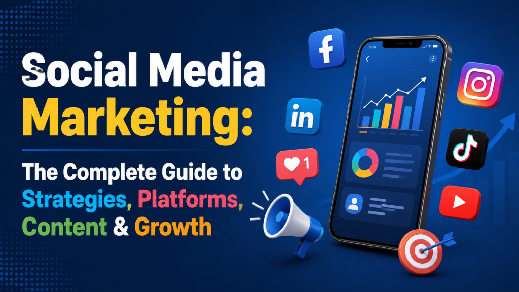 Social media marketing guide showing social platforms, content strategies, analytics, engagement, and growth
