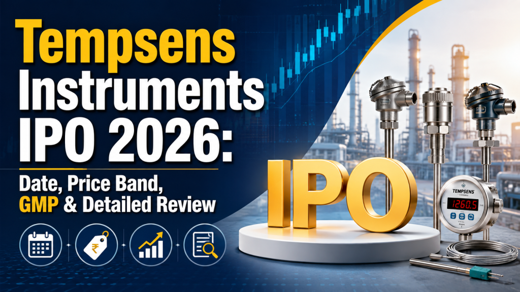 Tempsens Instruments IPO 2026 featured image showing IPO, stock market charts, industrial temperature sensors, and financial analysis