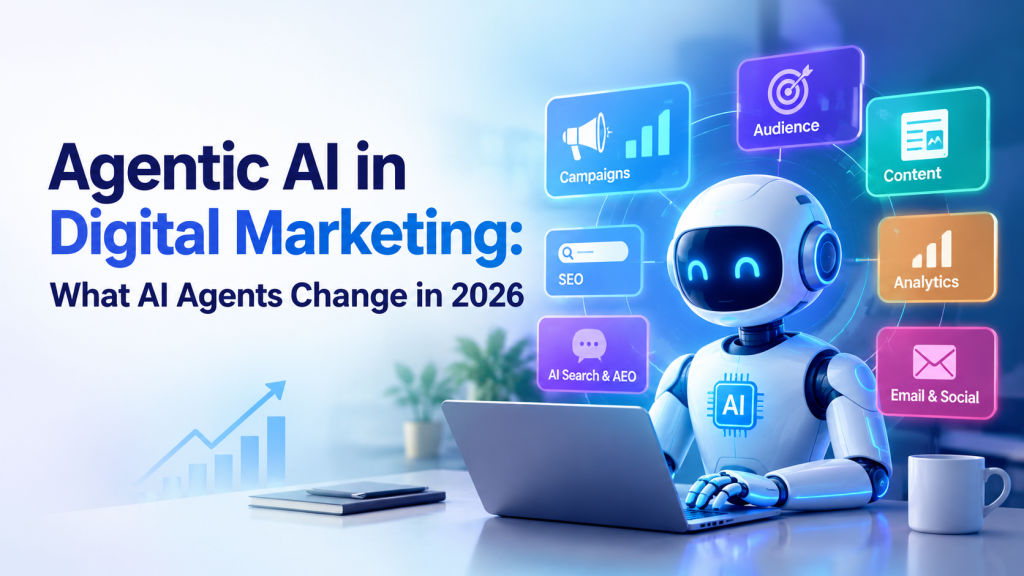 Agentic AI in digital marketing with an AI agent managing campaigns, SEO, content, analytics, audience targeting and AI search in 2026