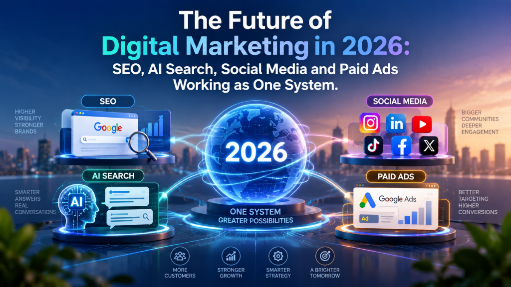 The future of digital marketing in 2026 with SEO, AI Search, social media and paid ads connected as one system