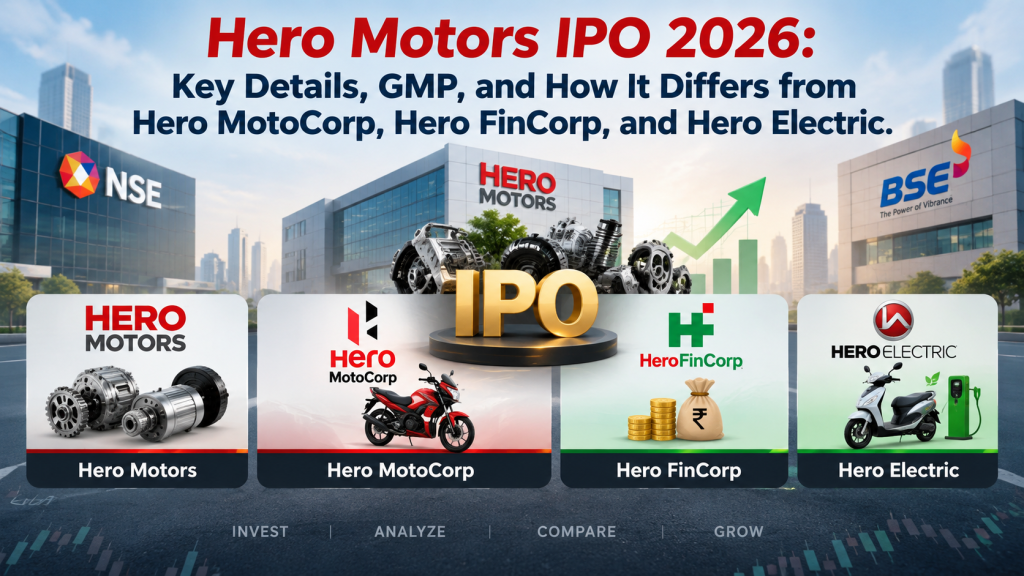 Hero Motors IPO 2026 featured image showing IPO details, GMP, NSE and BSE, with comparisons of Hero MotoCorp, Hero FinCorp and Hero Electric.
