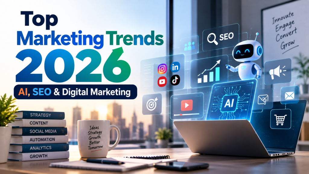 Top Marketing Trends 2026 featuring AI, SEO, social media, analytics and digital marketing technologies