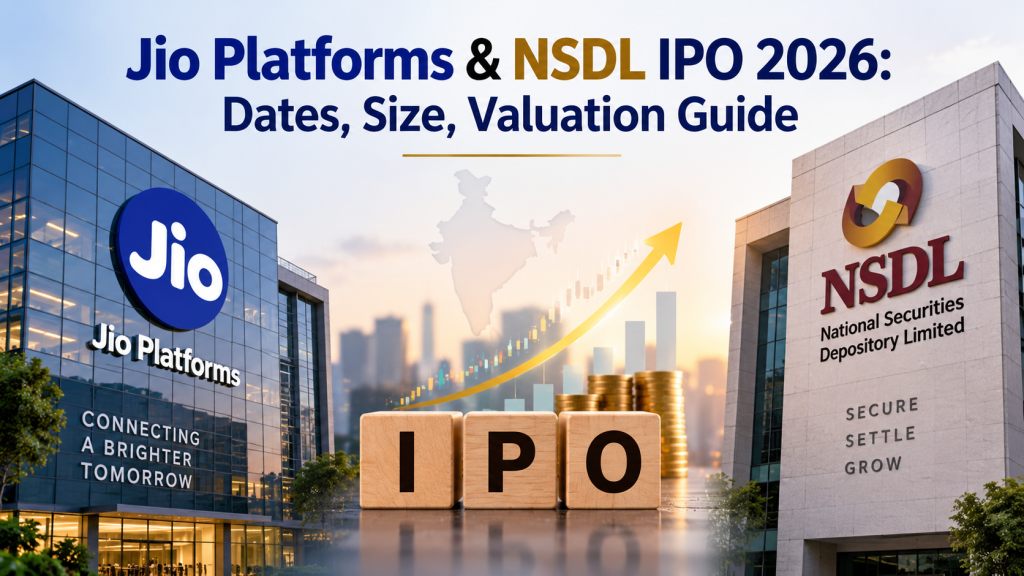Jio Platforms and NSDL IPO 2026 guide featuring Jio and NSDL buildings, IPO blocks, financial charts, gold coins and an upward market arrow.
