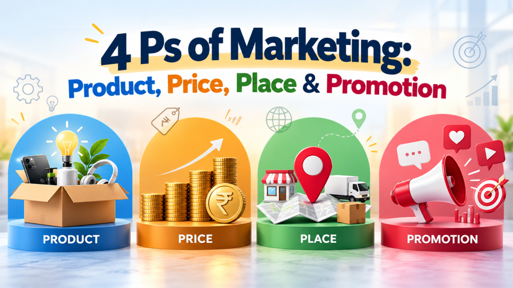 4 Ps of Marketing showing Product, Price, Place and Promotion in a marketing mix