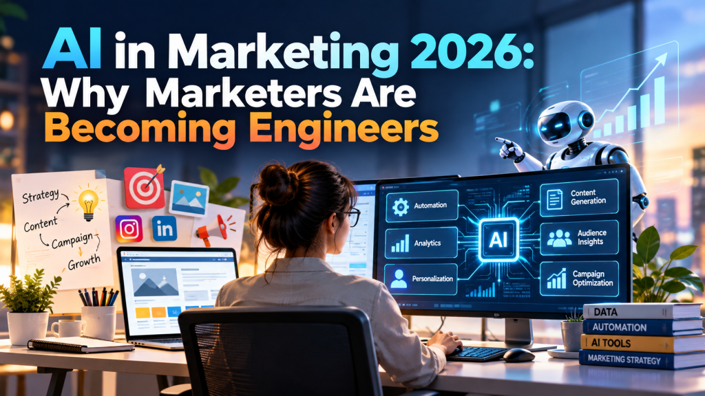 AI in Marketing 2026 showing a marketer using AI-powered analytics, automation, content generation, personalization, and campaign optimization tools.