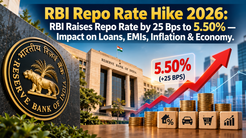RBI Repo Rate Hike 2026 raising repo rate by 25 bps to 5.50%, highlighting impact on loans, EMIs, inflation and the Indian economy